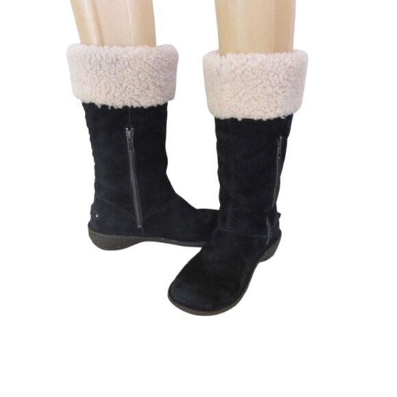 UGG Black Karyn Mid Calf Sheepskin Cuff Suede Leather Boots Size 7 Womens Side Z - Picture 1 of 7